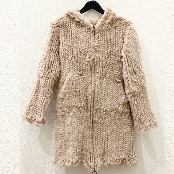 ADRIENNE LANDAU Real Rabbit Fur Beige Mid-length Full Zip Hooded Coat Size S - Picture 7 of 16